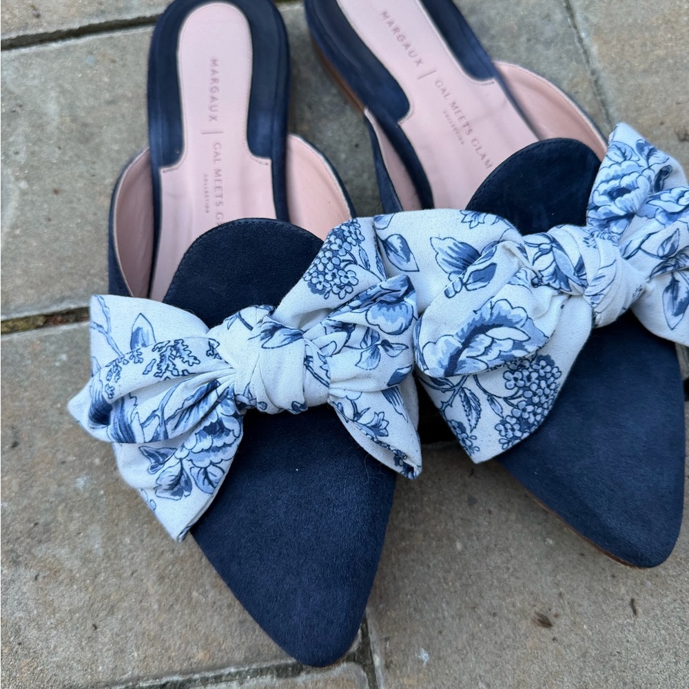 Margaux Navy Blue Floral Bow Mules